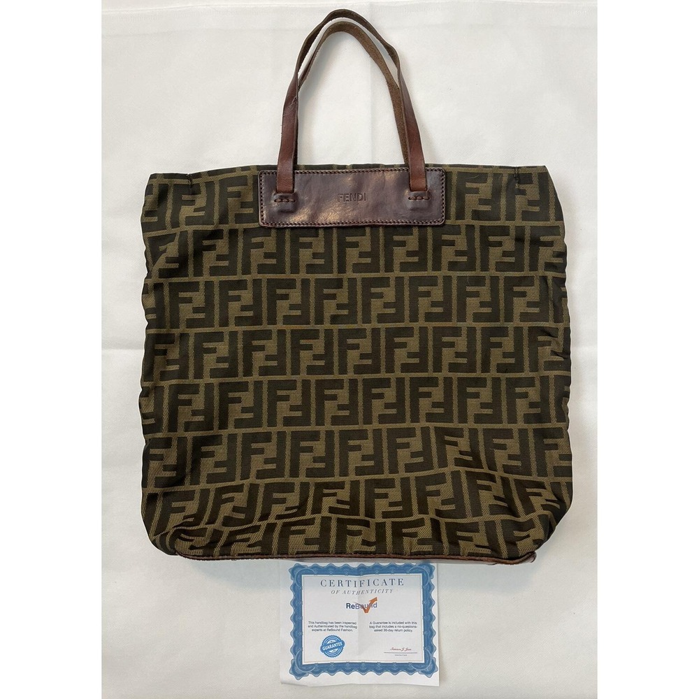 Vintage 90s Fendi FF Logo Zucchino Tote Bag Brown Canvas Leather Shoulder‎ Bag